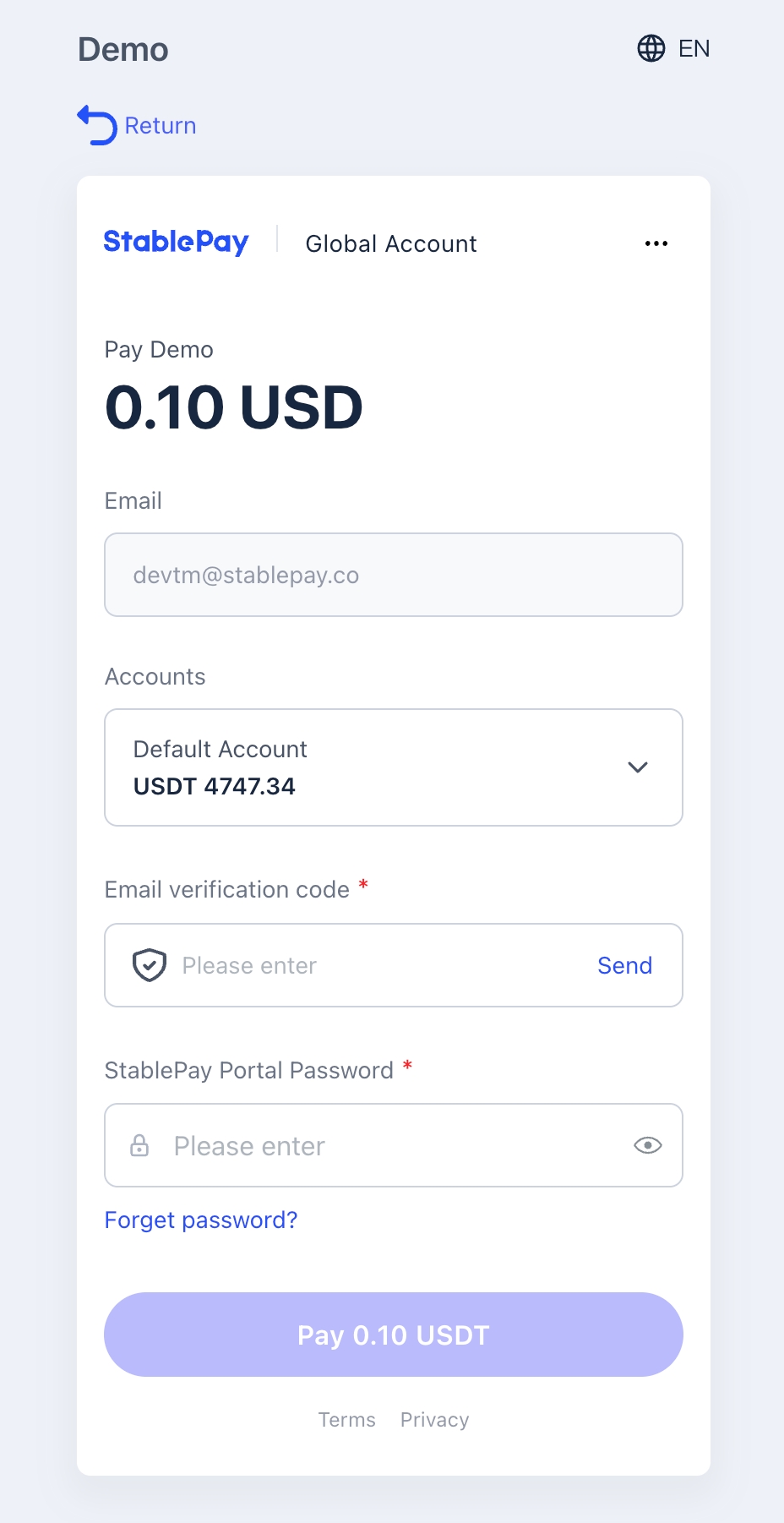 Invoice checkout 中使用 StablePay Global Account 余额支付示例一