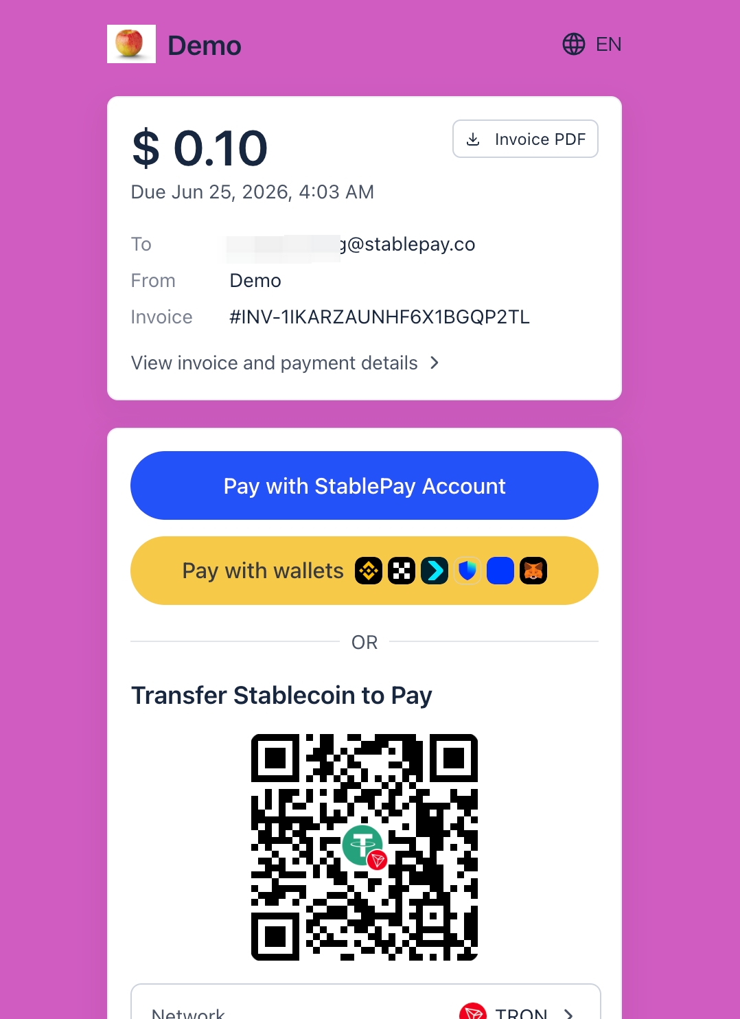 Invoice checkout 中使用 StablePay Global Account 余额支付示例二